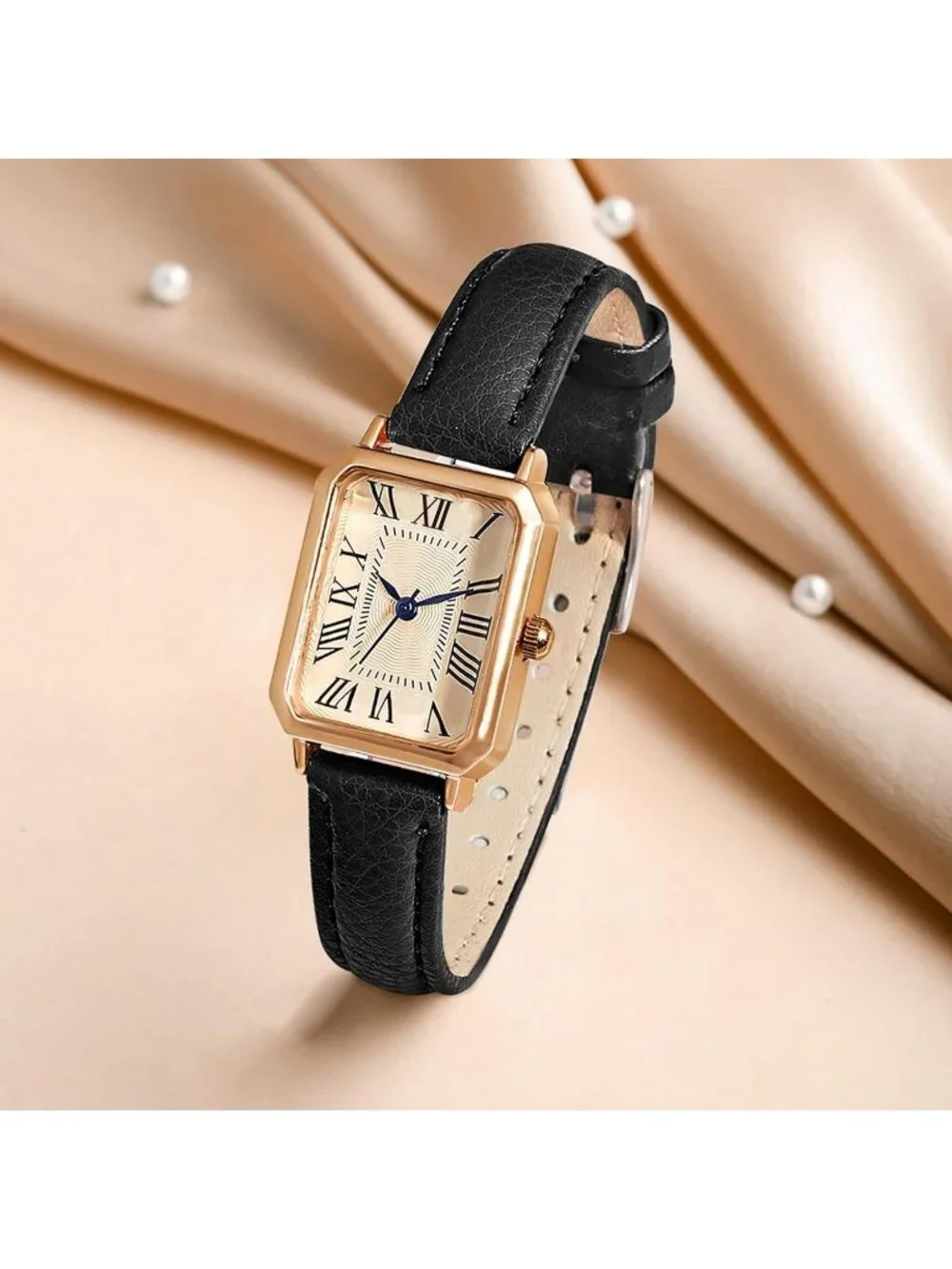 Women's Black Gold Leather Strap Elegant Dainty Vintage Rectangle Wrist Watch